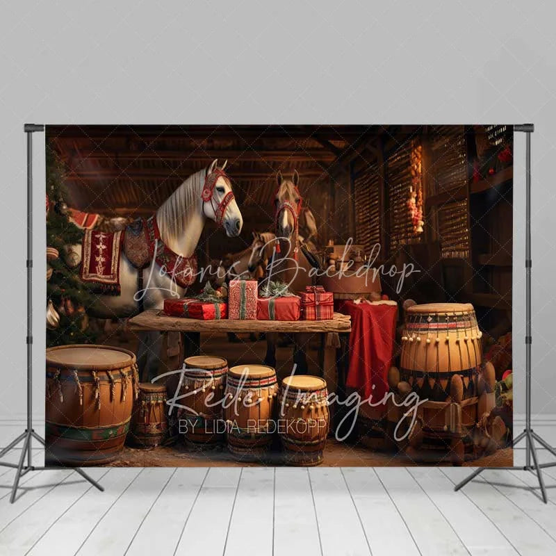 Lofaris Rustic Barn Christmas Backdrop White Horses Drums Gifts Stable Interior Photo Background