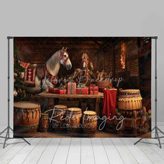 Lofaris Rustic Barn Christmas Backdrop White Horses Drums Gifts Stable Interior Photo Background