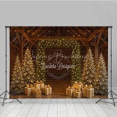 Lofaris Rustic Barn Christmas Photography Backdrop String Light Wall with Gold Presents Farmhouse Holiday Background