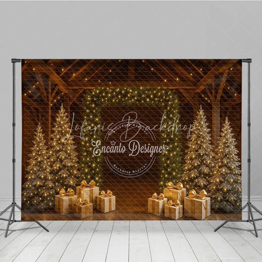Lofaris Rustic Barn Christmas Photography Backdrop String Light Wall with Gold Presents Farmhouse Holiday Background