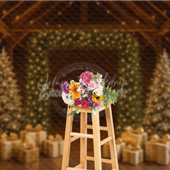 Lofaris Rustic Barn Christmas Photography Backdrop String Light Wall with Gold Presents Farmhouse Holiday Background
