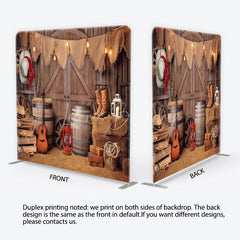 Lofaris Rustic Barn Cowboy Theme Square Double-Sided Backdrop with Hay Bales and String Lights Western Party Photography Decor