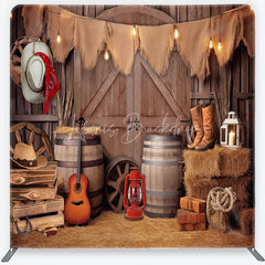 Lofaris Rustic Barn Cowboy Theme Square Double-Sided Backdrop with Hay Bales and String Lights Western Party Photography Decor