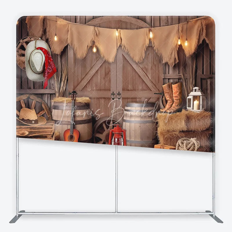 Lofaris Rustic Barn Cowboy Theme Square Double-Sided Backdrop with Hay Bales and String Lights Western Party Photography Decor