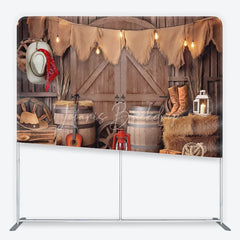 Lofaris Rustic Barn Cowboy Theme Square Double-Sided Backdrop with Hay Bales and String Lights Western Party Photography Decor