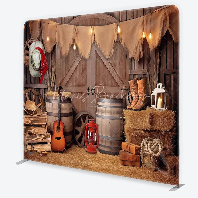 Lofaris Rustic Barn Cowboy Theme Square Double-Sided Backdrop with Hay Bales and String Lights Western Party Photography Decor