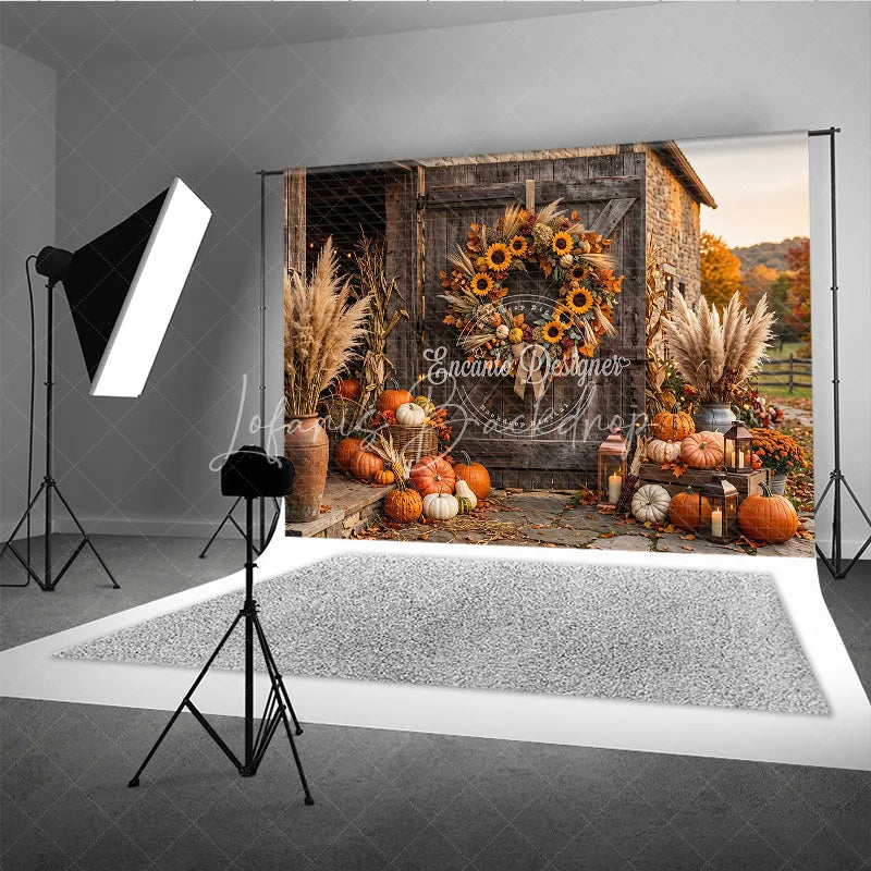 Lofaris Rustic Barn Door Autumn Photography Backdrop with Sunflowers Pumpkins Pampas Grass and Cozy Fall Harvest Decor
