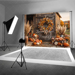 Lofaris Rustic Barn Door Autumn Photography Backdrop with Sunflowers Pumpkins Pampas Grass and Cozy Fall Harvest Decor