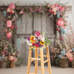 Lofaris Rustic Barn Door Photography Backdrop Spring Floral Arch with Pink Roses Farmhouse Wedding Photo Background