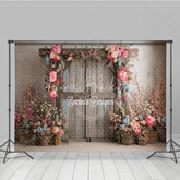 Lofaris Rustic Barn Door Photography Backdrop Spring Floral Arch with Pink Roses Farmhouse Wedding Photo Background