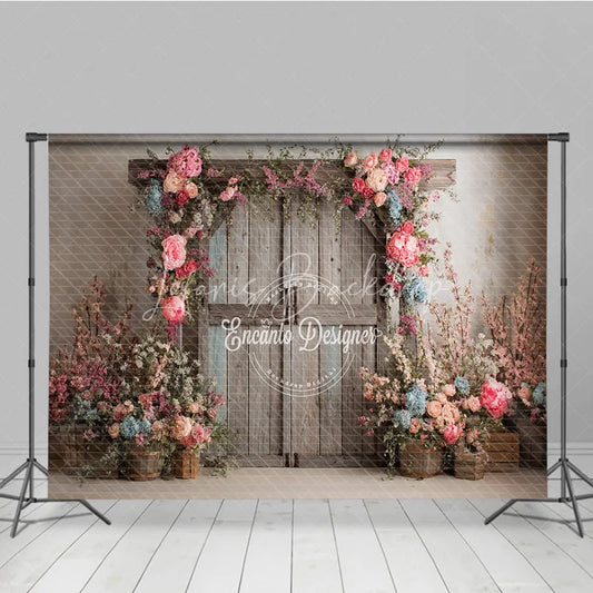 Lofaris Rustic Barn Door Photography Backdrop Spring Floral Arch with Pink Roses Farmhouse Wedding Photo Background