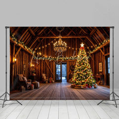 Lofaris Rustic Barn Interior Christmas Backdrop Wooden Room with Chandelier Lighted Xmas Tree Holiday Photo Prop