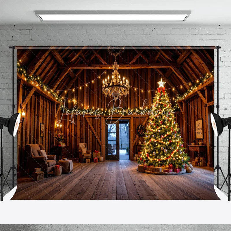 Lofaris Rustic Barn Interior Christmas Backdrop Wooden Room with Chandelier Lighted Xmas Tree Holiday Photo Prop