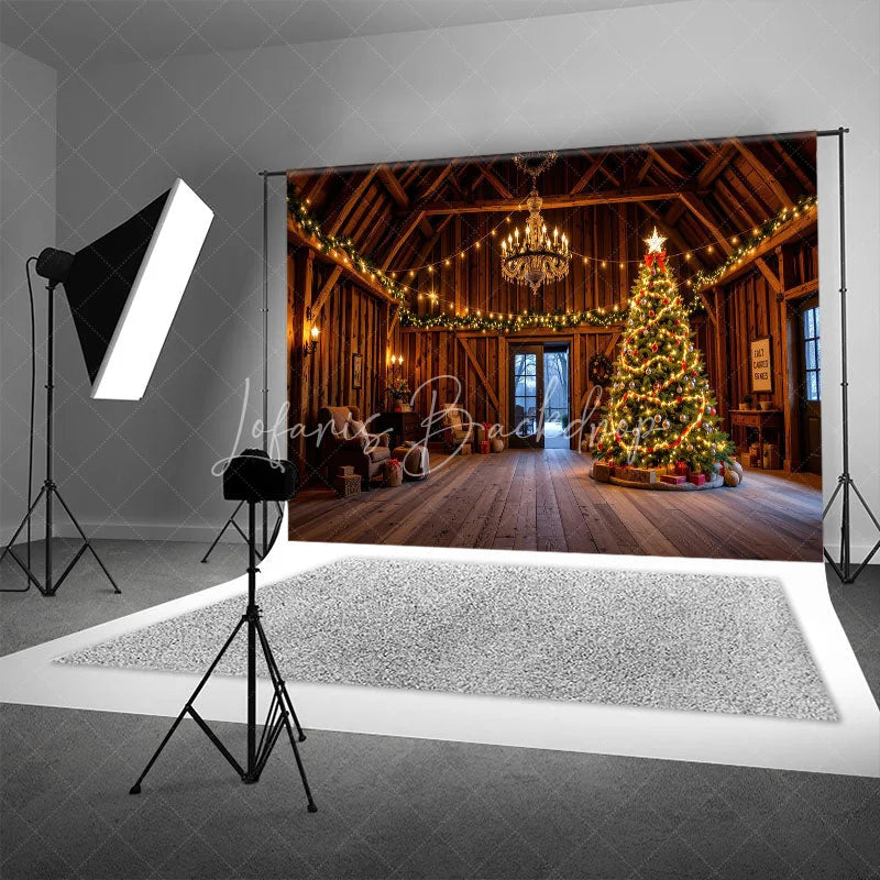 Lofaris Rustic Barn Interior Christmas Backdrop Wooden Room with Chandelier Lighted Xmas Tree Holiday Photo Prop