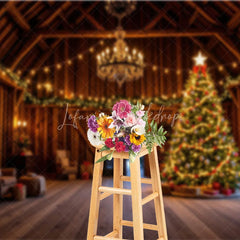 Lofaris Rustic Barn Interior Christmas Backdrop Wooden Room with Chandelier Lighted Xmas Tree Holiday Photo Prop