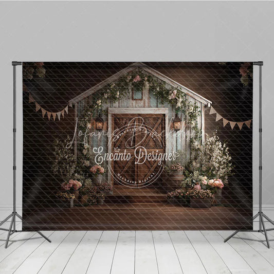 Lofaris Rustic Barn Wooden Door Photography Backdrop with Elegant Floral Decor and Lanterns for Wedding or Portrait Photoshoot