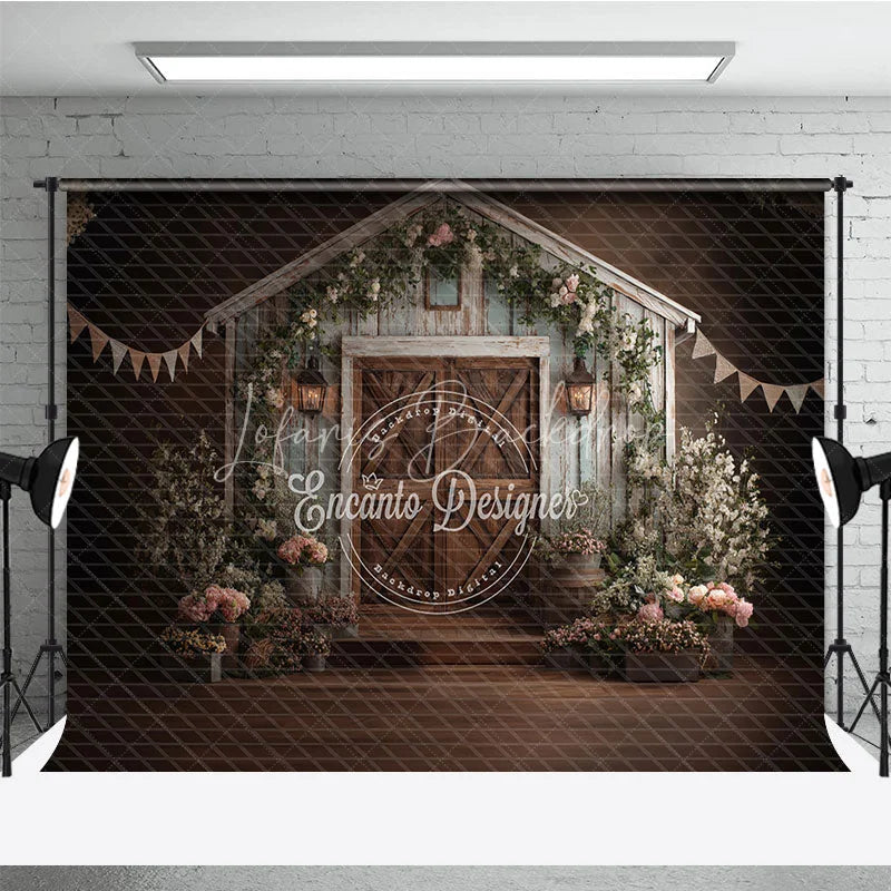 Lofaris Rustic Barn Wooden Door Photography Backdrop with Floral Decor Shabby Chic Farmhouse Style for Wedding or Baby Shower