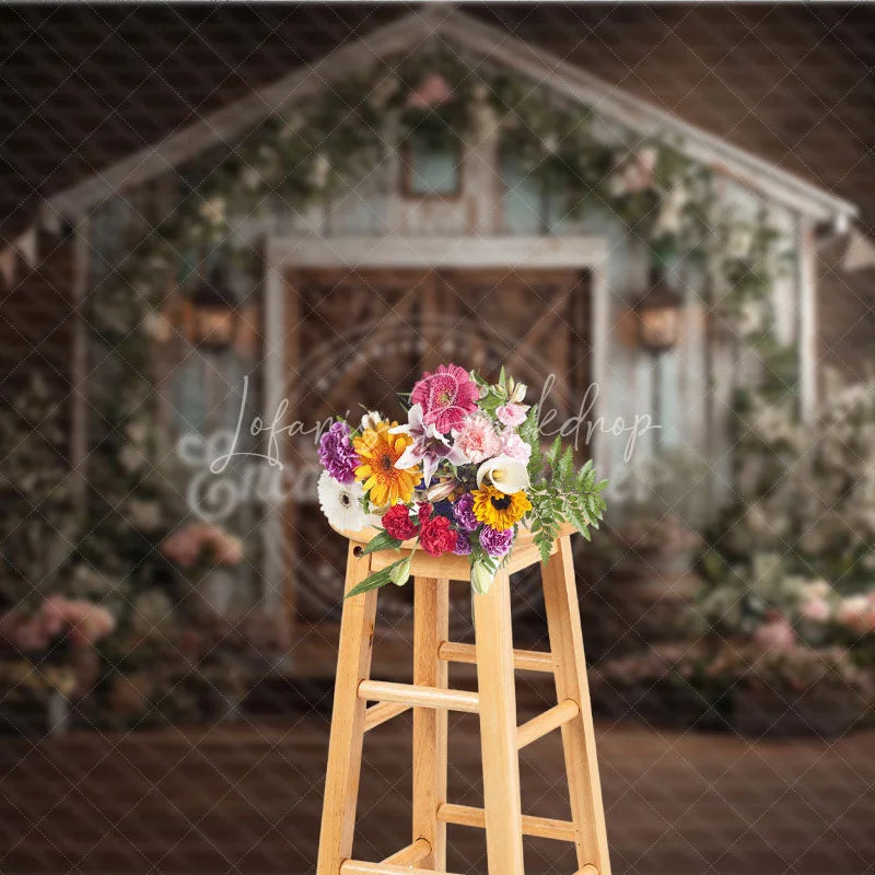 Lofaris Rustic Barn Wooden Door Photography Backdrop with Floral Decor Shabby Chic Farmhouse Style for Wedding or Baby Shower