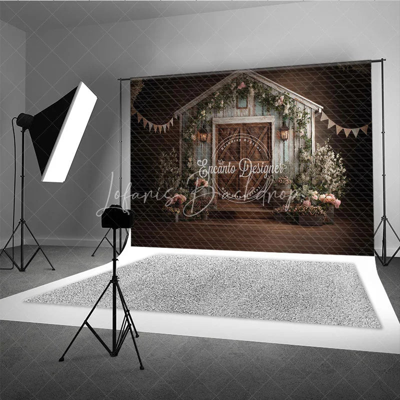 Lofaris Rustic Barn Wooden Door Photography Backdrop with Floral Decor Shabby Chic Farmhouse Style for Wedding or Baby Shower