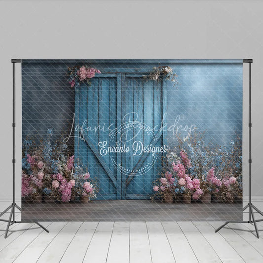 Lofaris Rustic Blue Barn Door Photography Backdrop Spring Flowers on Textured Wall Fine Art Painterly Photo Background