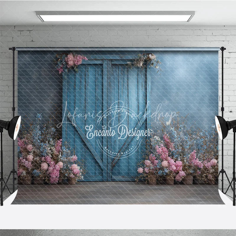 Lofaris Rustic Blue Barn Door Photography Backdrop Spring Flowers on Textured Wall Fine Art Painterly Photo Background