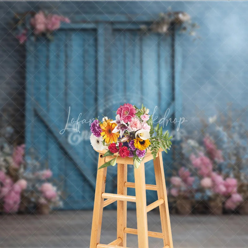 Lofaris Rustic Blue Barn Door Photography Backdrop Spring Flowers on Textured Wall Fine Art Painterly Photo Background