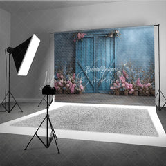 Lofaris Rustic Blue Barn Door Photography Backdrop Spring Flowers on Textured Wall Fine Art Painterly Photo Background