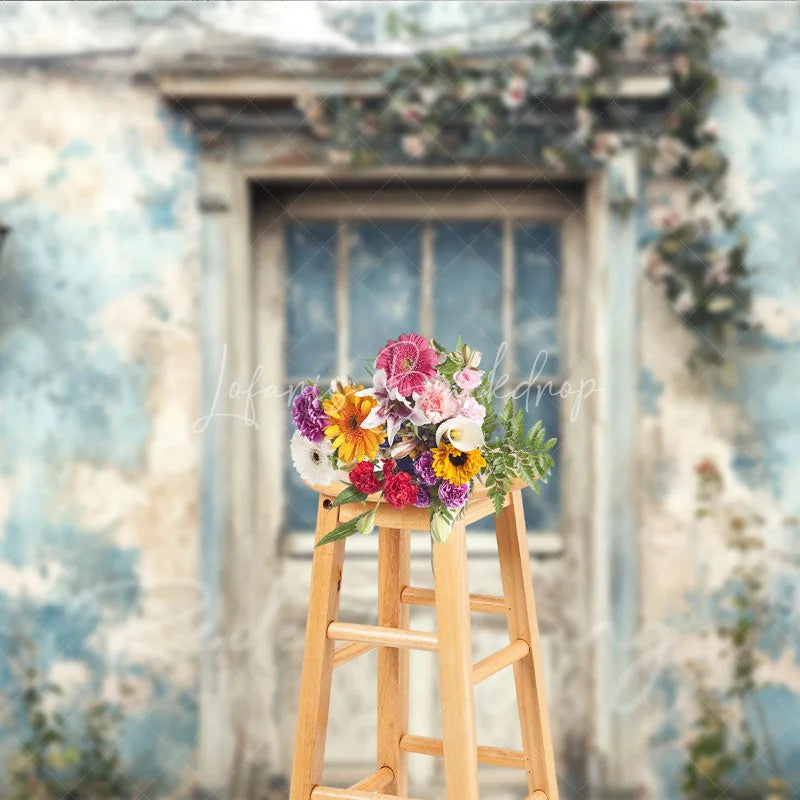 Lofaris Rustic Blue Wall and Door Retro Backdrop Vintage Garden Entrance Photography Background