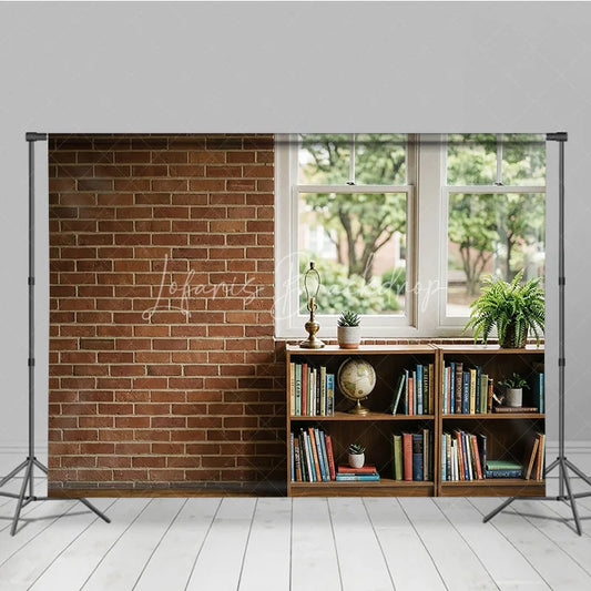 Lofaris Rustic Brick Wall and Window Photography Backdrop with Bookshelf Globe Green Plants Natural Light Interior Scene