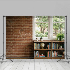 Lofaris Rustic Brick Wall and Window Photography Backdrop with Bookshelf Globe Green Plants Natural Light Interior Scene
