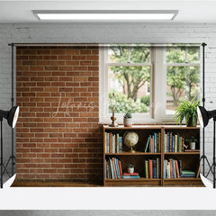 Lofaris Rustic Brick Wall and Window Photography Backdrop with Bookshelf Globe Green Plants Natural Light Interior Scene