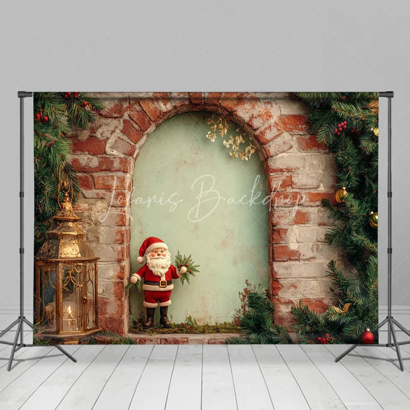 Lofaris Rustic Brick Wall Christmas Backdrop Santa Figurine Arch Photography Background Vintage Lantern Holiday Party Prop