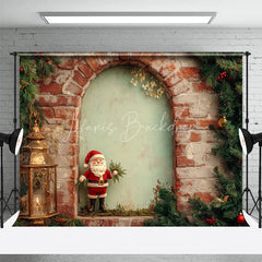 Lofaris Rustic Brick Wall Christmas Backdrop Santa Figurine Arch Photography Background Vintage Lantern Holiday Party Prop