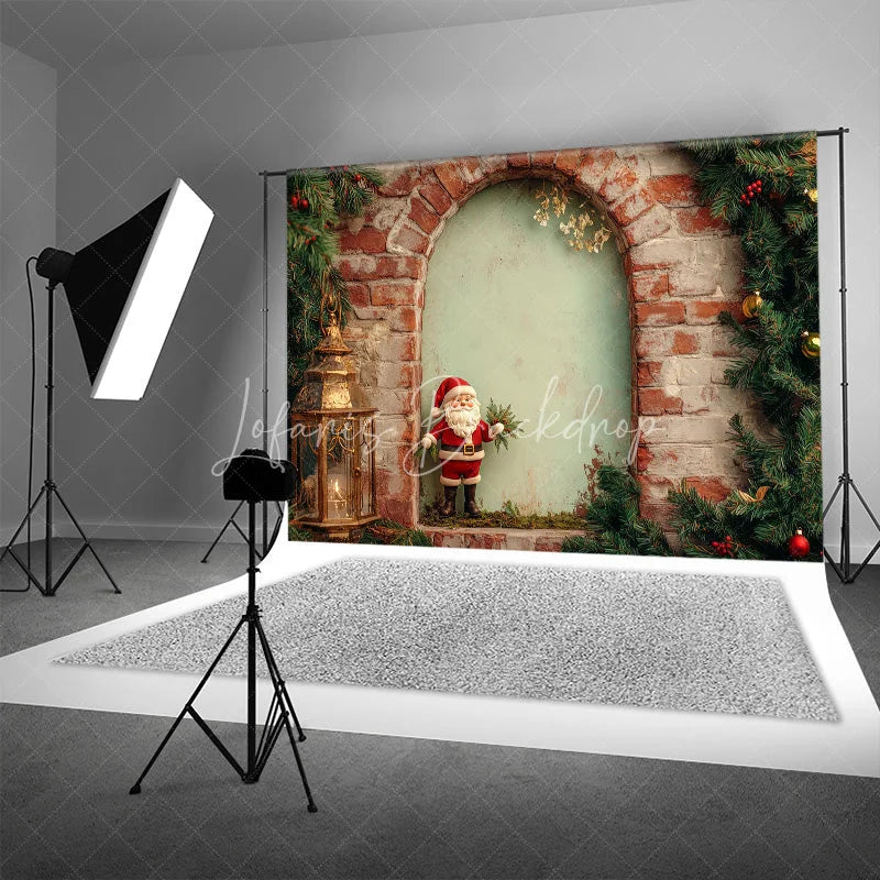 Lofaris Rustic Brick Wall Christmas Backdrop Santa Figurine Arch Photography Background Vintage Lantern Holiday Party Prop
