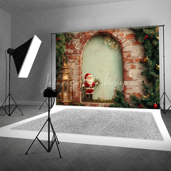 Lofaris Rustic Brick Wall Christmas Backdrop Santa Figurine Arch Photography Background Vintage Lantern Holiday Party Prop