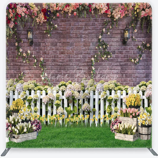 Lofaris Rustic Brick Wall Floral Garlands and White Picket Fence Square Double-Sided Backdrop Vibrant Spring Garden Party Decor