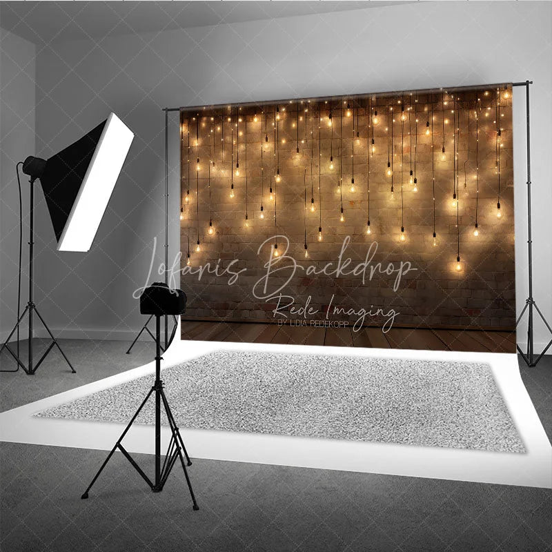 Lofaris Rustic Brick Wall Photography Backdrop with Warm String Lights and Wooden Floor Cozy Festive Party Decor