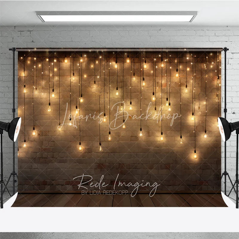 Lofaris Rustic Brick Wall Photography Backdrop with Warm String Lights and Wooden Floor Cozy Festive Party Decor