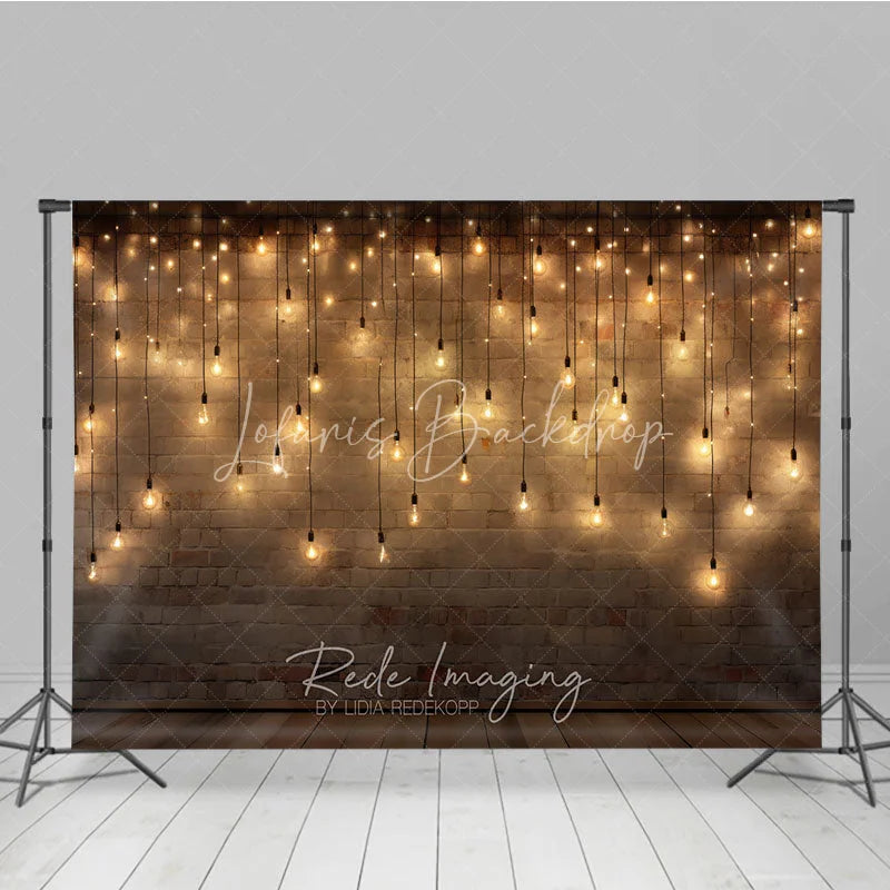 Lofaris Rustic Brick Wall Photography Backdrop with Warm String Lights and Wooden Floor Cozy Festive Party Decor