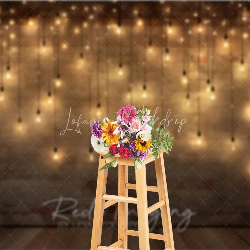 Lofaris Rustic Brick Wall Photography Backdrop with Warm String Lights and Wooden Floor Cozy Festive Party Decor