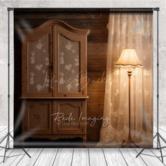 Lofaris Rustic Cabin Interior Photography Backdrop Vintage Wood Armoire and Lace Curtain Moody Farmhouse Studio Prop