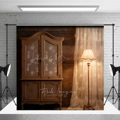 Lofaris Rustic Cabin Interior Photography Backdrop Vintage Wood Armoire and Lace Curtain Moody Farmhouse Studio Prop