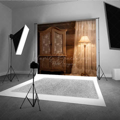 Lofaris Rustic Cabin Interior Photography Backdrop Vintage Wood Armoire and Lace Curtain Moody Farmhouse Studio Prop