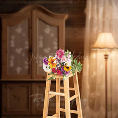 Lofaris Rustic Cabin Interior Photography Backdrop Vintage Wood Armoire and Lace Curtain Moody Farmhouse Studio Prop