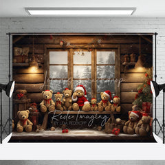 Lofaris Rustic Cabin Window Christmas Backdrop Teddy Bear Snow View Background Wooden House Winter Holiday Party Decoration