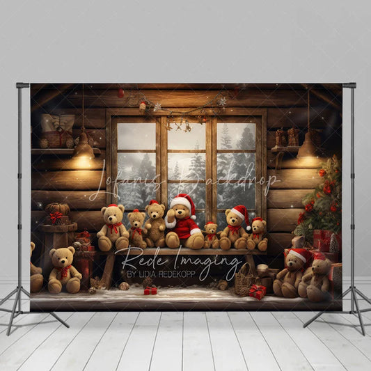 Lofaris Rustic Cabin Window Christmas Backdrop Teddy Bear Snow View Background Wooden House Winter Holiday Party Decoration