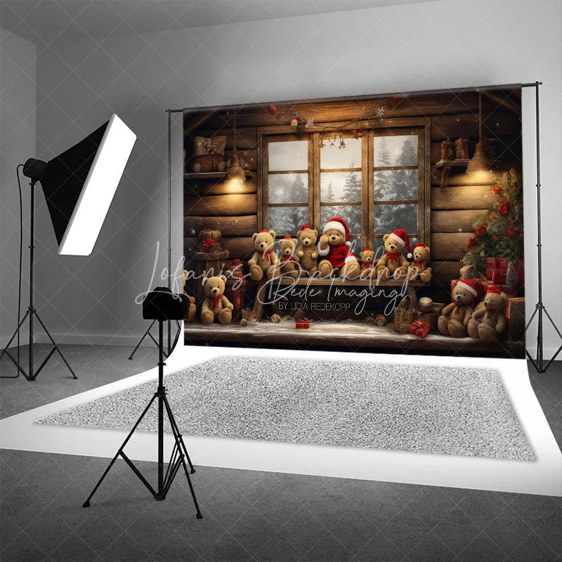 Lofaris Rustic Cabin Window Christmas Backdrop Teddy Bear Snow View Background Wooden House Winter Holiday Party Decoration