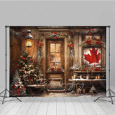 Lofaris Rustic Canadian Christmas Photography Backdrop Wood Cabin with Maple Leaf Flag Snowy Winter Holiday Photo Prop
