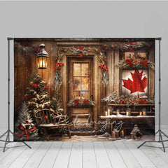 Lofaris Rustic Canadian Christmas Photography Backdrop Wood Cabin with Maple Leaf Flag Snowy Winter Holiday Photo Prop