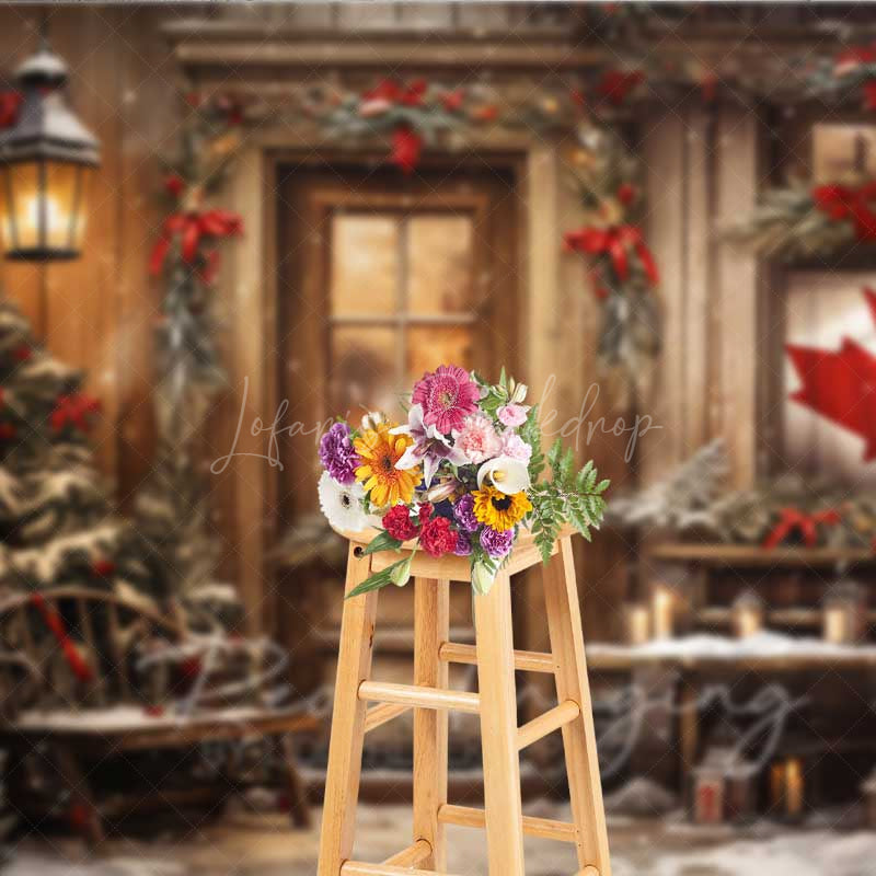 Lofaris Rustic Canadian Christmas Photography Backdrop Wood Cabin with Maple Leaf Flag Snowy Winter Holiday Photo Prop